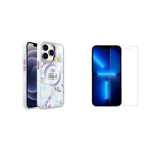 Bemz Hybrid Protective Cover with MagSafe Designed for iPhone 14 Pro Max Case (Good Day | Teal Flowers) with (2-Pack) Tempered Glass Screen Protectors
