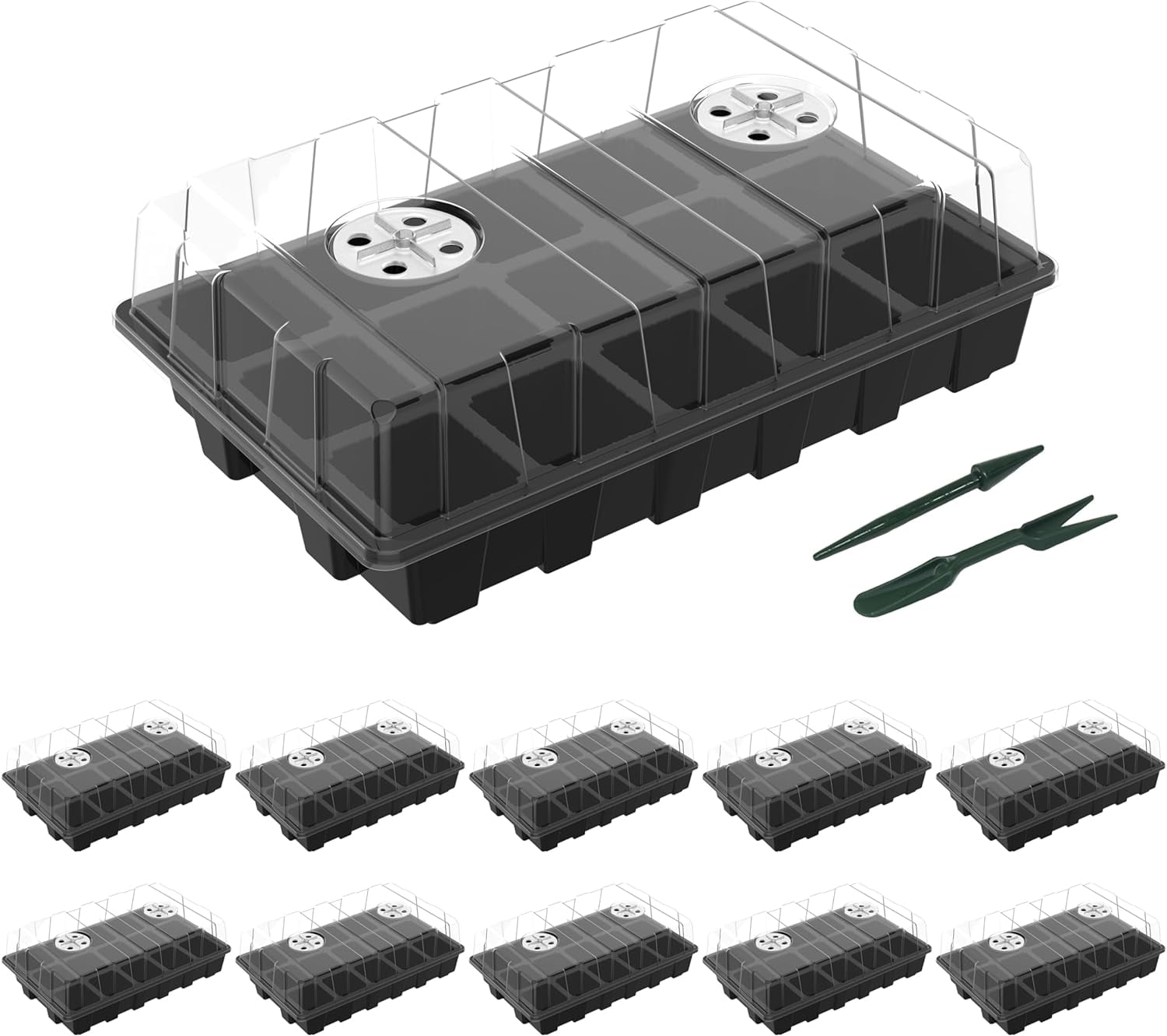 10-Pack Seed Starter Kits, Reusable Plant Germination Trays with Total 150-Cell, Seed Starter Tray with Humidity Vented Domes and Bases for Starting Vegetable Flower Herb Seeds 15" x 9"