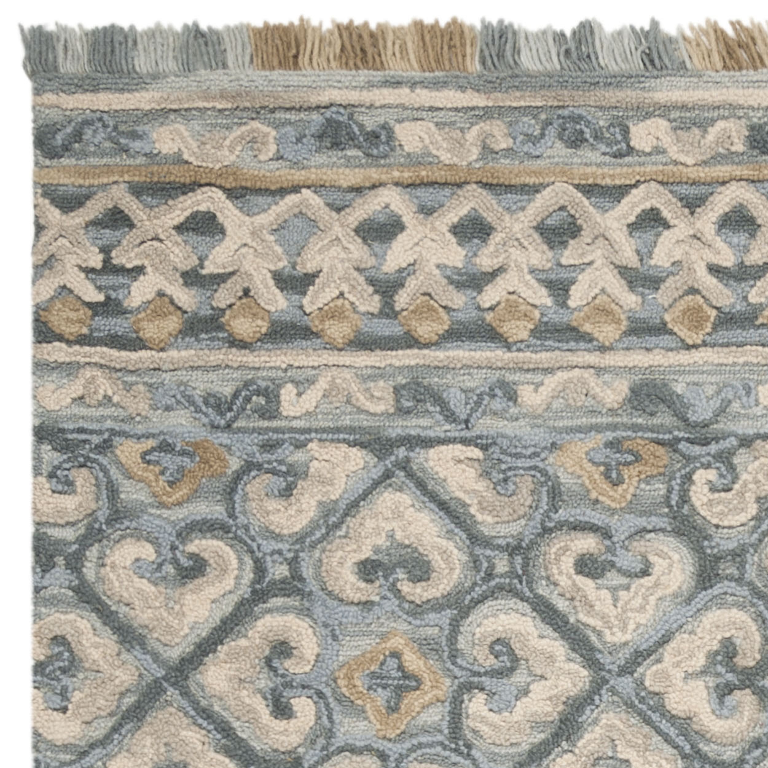 SAFAVIEH Blossom Jocelyne Geometric Fringe Wool Area Rug, Light Beige/Blue, 8' x 10'