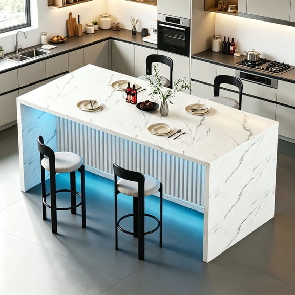 71" Modern Kitchen Island & Dining Table,Seats 4-6 People Slatted Rectangular Table with LED Lighting, Suitable for Dining Room and Living Room, White