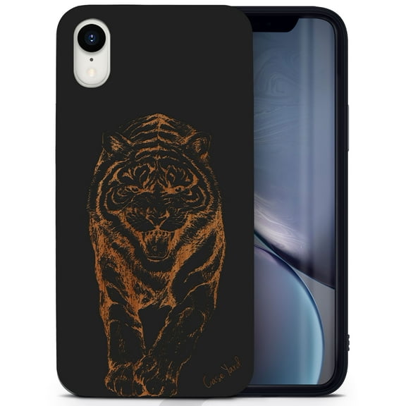 Wood phone case for iPhone XR compatible protective cell phone cover shockproof slim fit laser engraved The Tiger Walk design Black wood case for Men & Women by CaseYard