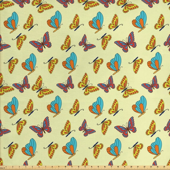 Entomology Fabric by the Yard, Ornamental Flies with Colorful Shapes on Wings, Upholstery Fabric for Dining Chairs Home Decor Accents, 1 Yard, Cream Multicolor by Ambesonne