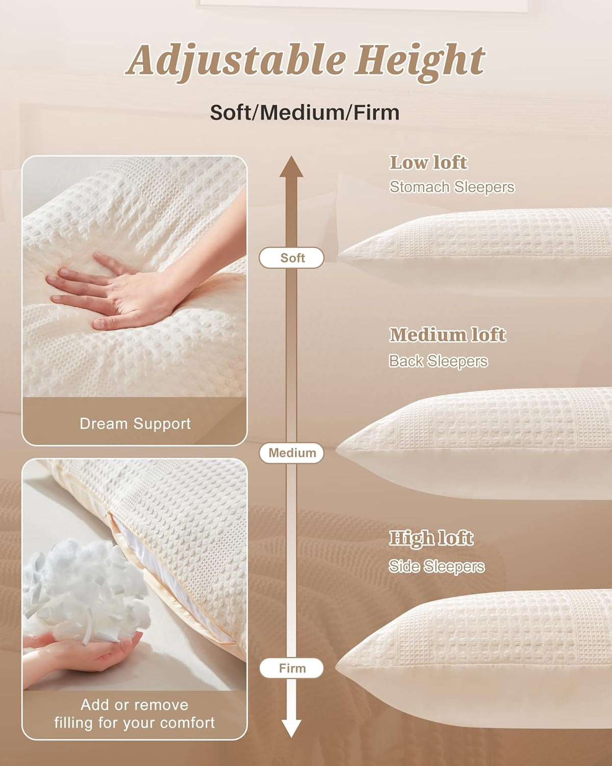 Nalqet Waffle Weave Body Pillow Decorative Lumbar Pillow 20x54 inch – Soft Polyester Memory Foam Long Pillow for Side Sleepers, Washable, Beige