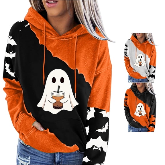 Oversized Hoodies for Women Halloween Retro Color Blocked Printed Long Sleeved Drawstring Fall Winter Clothes