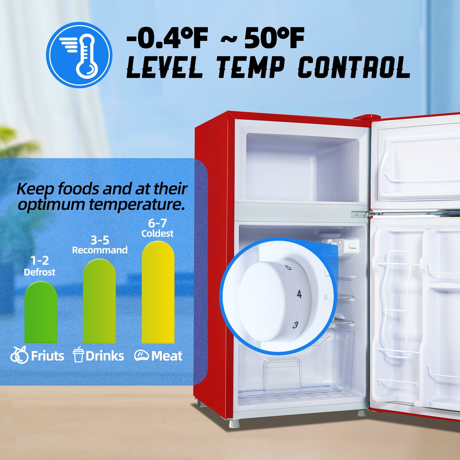 TACOOL Small Retro Mini Fridge with Top Freezer 100 Liter Dual Door Compact Refrigerator with Adjustable Thermostat LED Light, Low Noise for Dorm Red