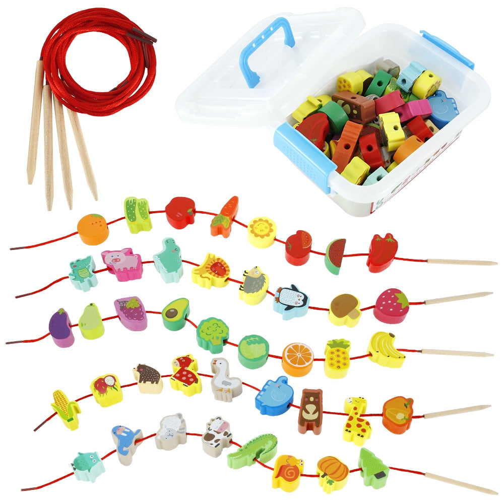 Wooden Lacing Beads Threading Game Traffic Blocks Kids Early Educational 