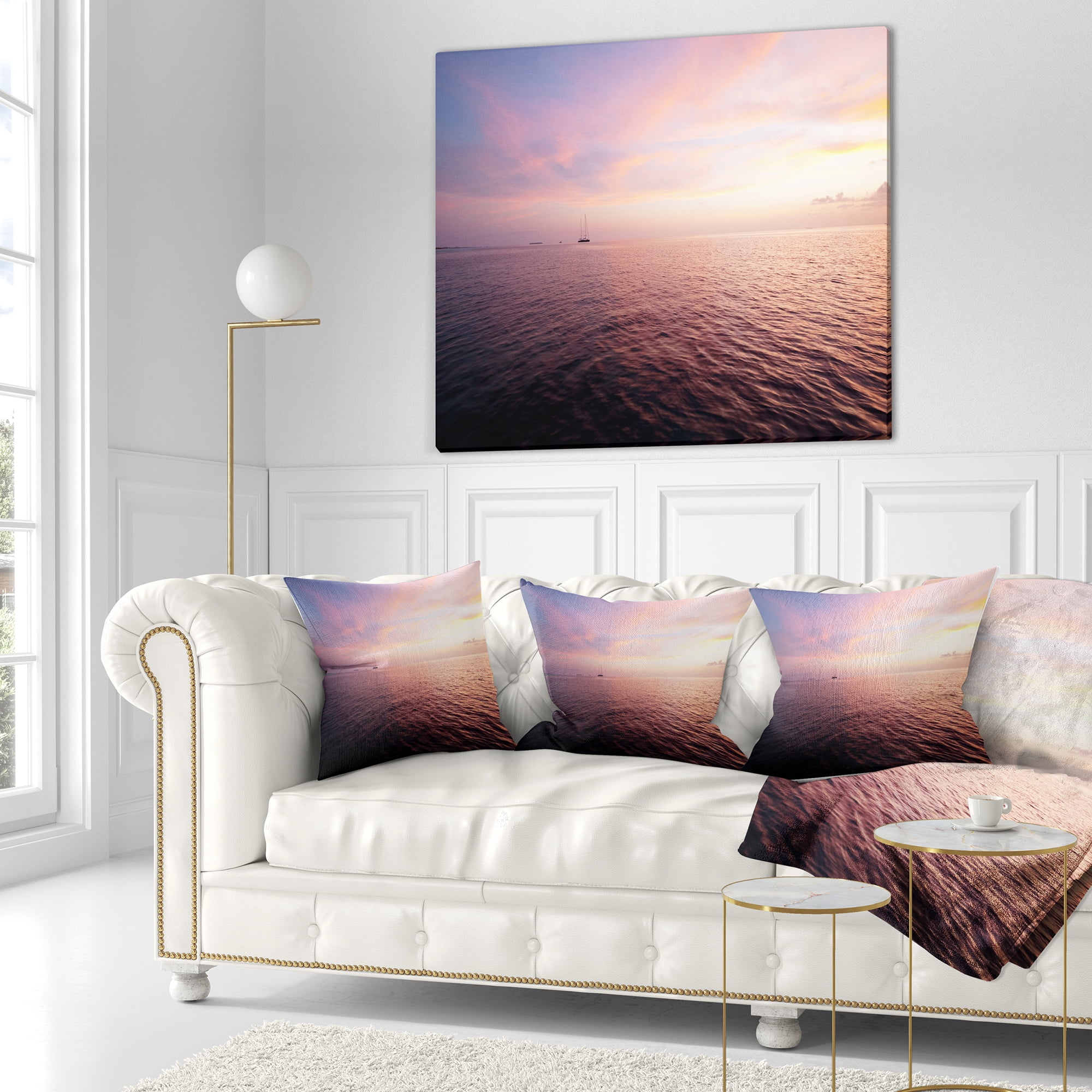 Designart Purple Cloudy Seascape View - Modern Beach Throw Pillow - 16x16