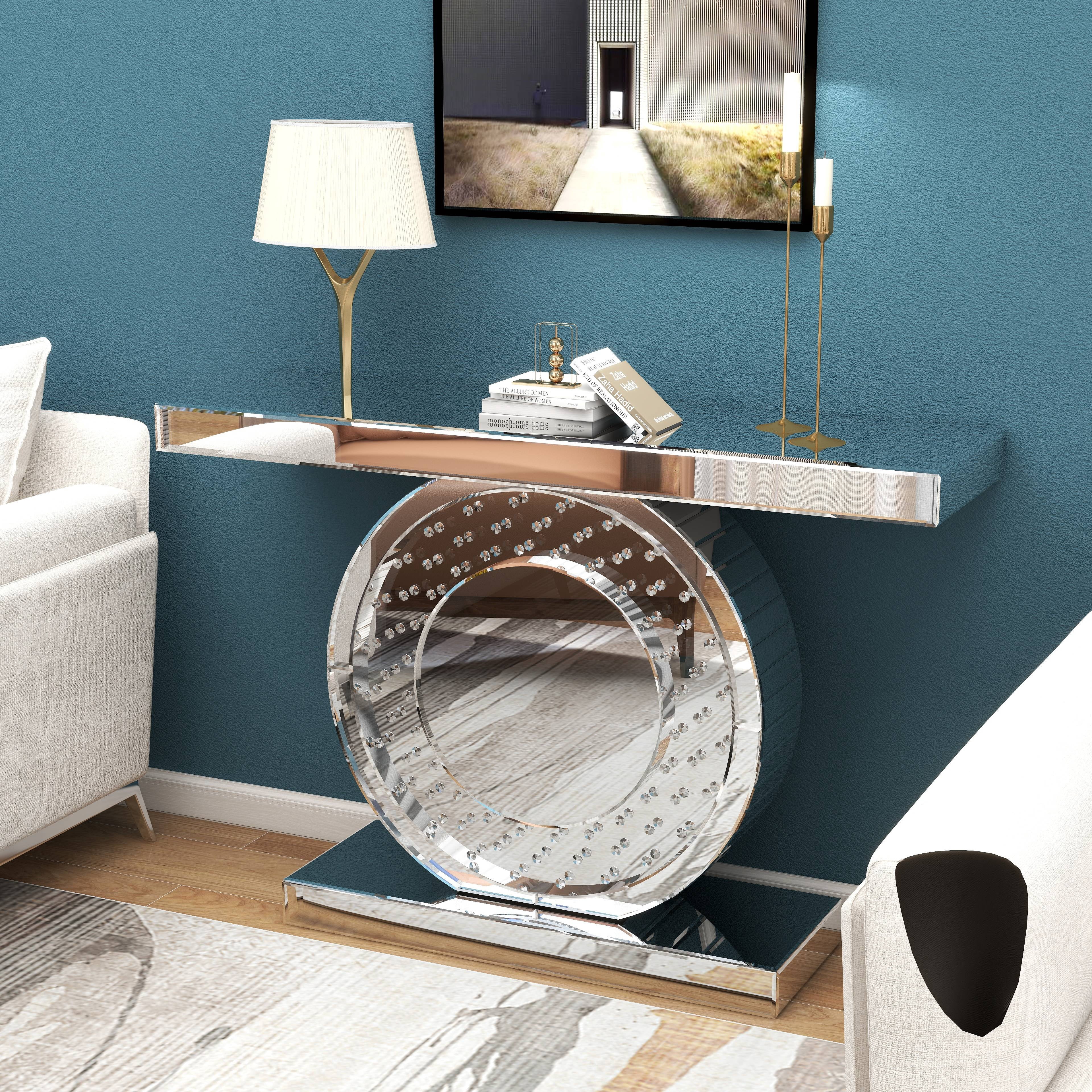 Entrance Table Silver Console Table Mirrored Accent Table with O-Base Rectangle Crystal Table for Living Room Hallway