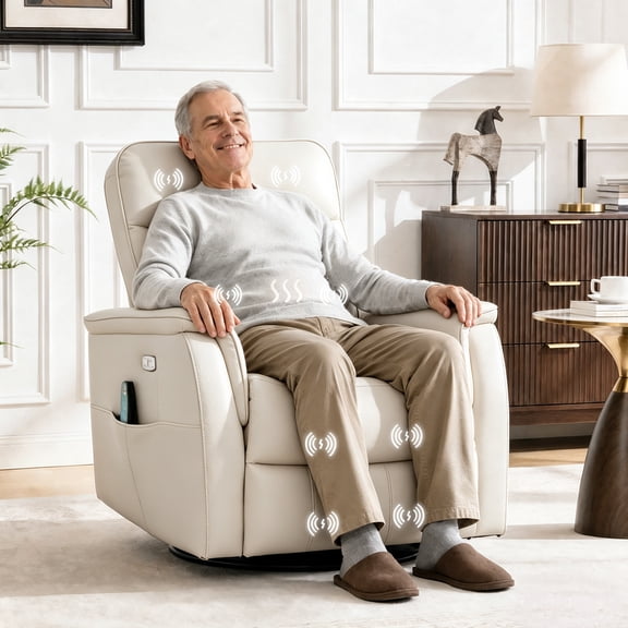 ATHOPE Power Recliner Chair for Adults with Massage & Heating, Swivel Glider Rocking Chair with USB Charging Port & Side Pockets, Executive Leather Living Room Chair, White