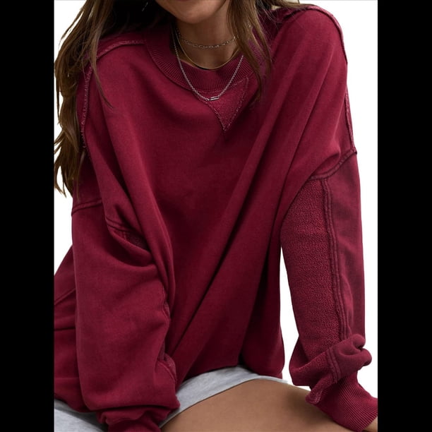 Sudadera con Capucha de Cuello Redondo y Forro Extragrande para Mujer, Lindas Camisetas de Larga, Ropa Preppy para Adolescentes (2025) Vino Tinto L