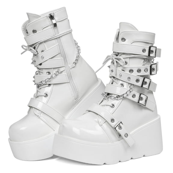 SACFOF Platform Boots for Women Goth Boots Ankle Boot Side Zip Round Toe Wedge Buckle Combat Rave Boot Chunky High Heels Motorcycle Cosplay Party Festival Leather Shoes