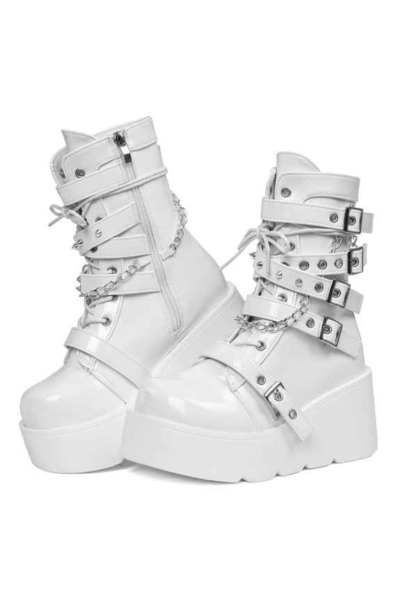 Platform Boots for Women Goth Boots Ankle Boot Side Zip Round Toe Wedge Buckle Combat Rave Boot Chunky High Heels Motorcycle Cosplay Party Festival Leather Shoes