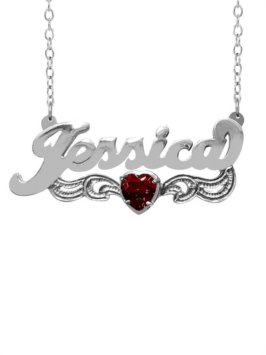Personalized Heart-Shaped Birthstone Name Necklace with Beading and Rhodium on Tail