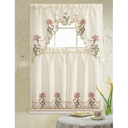  Dora  Embroidered 3 Piece Kitchen  Curtain Swag Tiers Set  