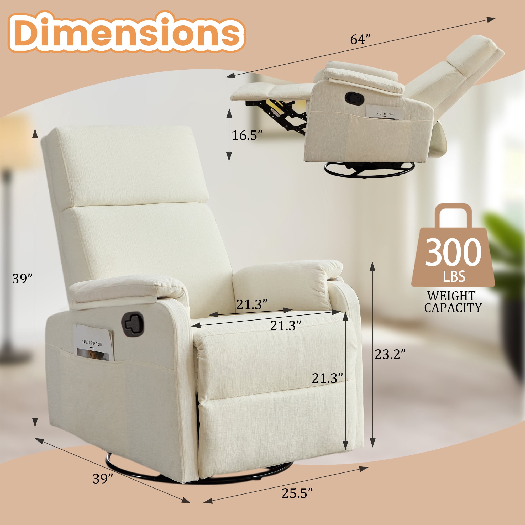 Korser Swivel Rocker Recliner Chair for Small Spaces Chenille for Living Room,Beige