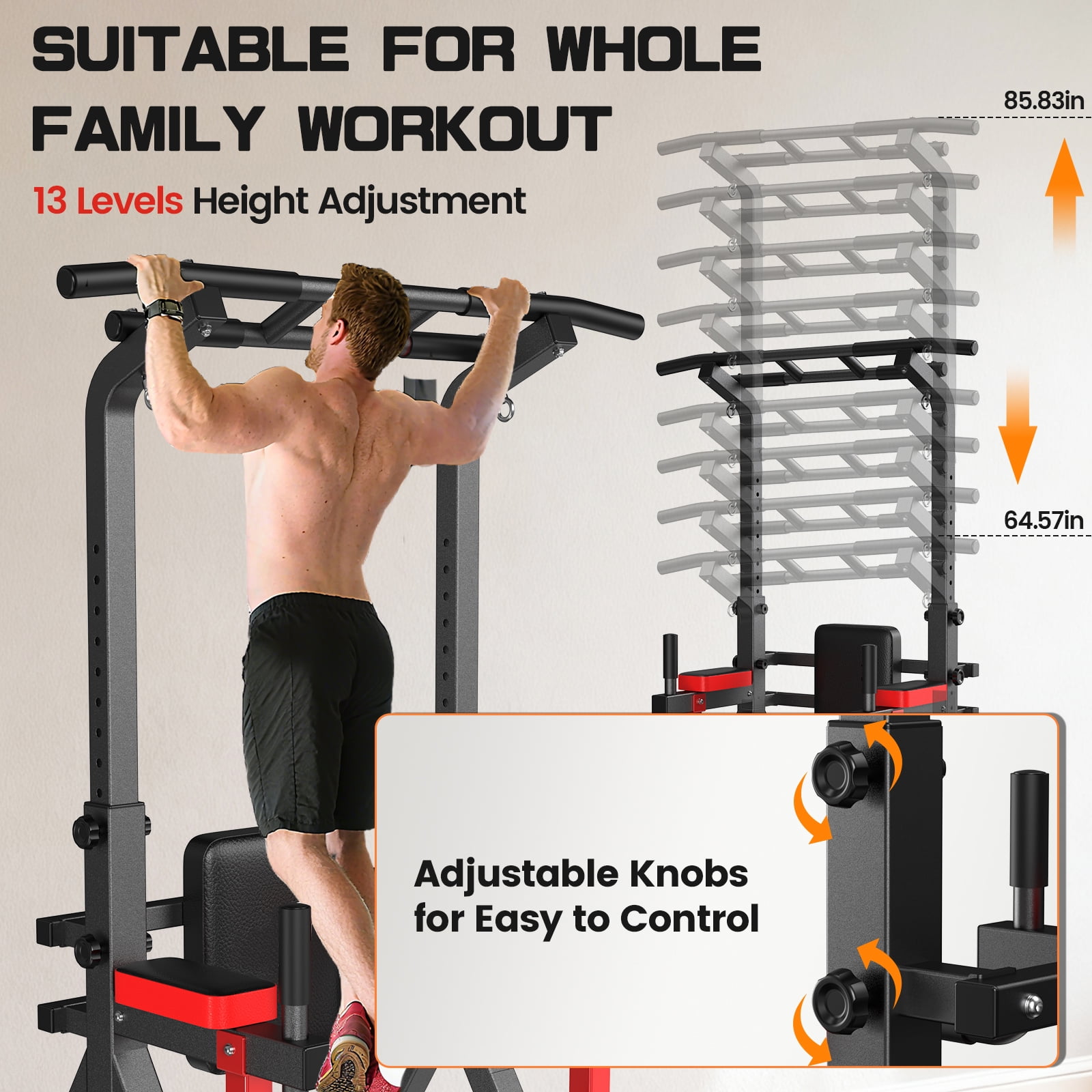 HASIMAN Pull Up Bar Multi-Functional Power Tower Height Adjustable Dip Station for Gym Strength Training Equipment Stable Triangular Design 350 LBS Weight Capacity