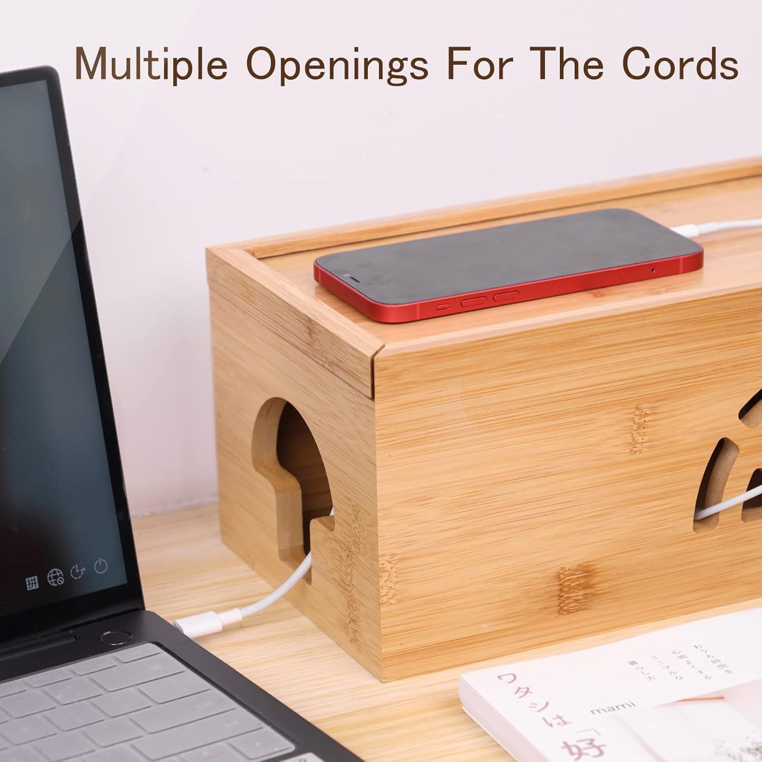 Extra Large Cable Management Box with Lid, Bamboo Cable Box for Cords, Power Strips or Surge Protectors, Hide Loose Wires Behind TVs, Home, Computers, Office Desks by