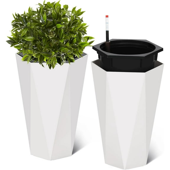 EastVita 23" Tall Planters Set of 2,Planter Pots,High Front Porch Planter Pots with Drainage Holes＆Water Level Monitor＆Inner Bucket,Watering,Instill White