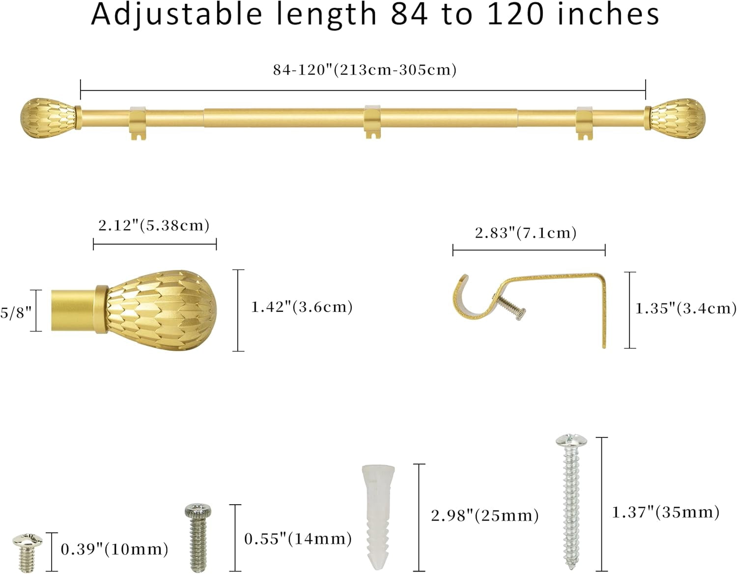 eTeckram 5/8" Single Curtain Rod with Brun Finials,Gold,84‘’-120‘’
