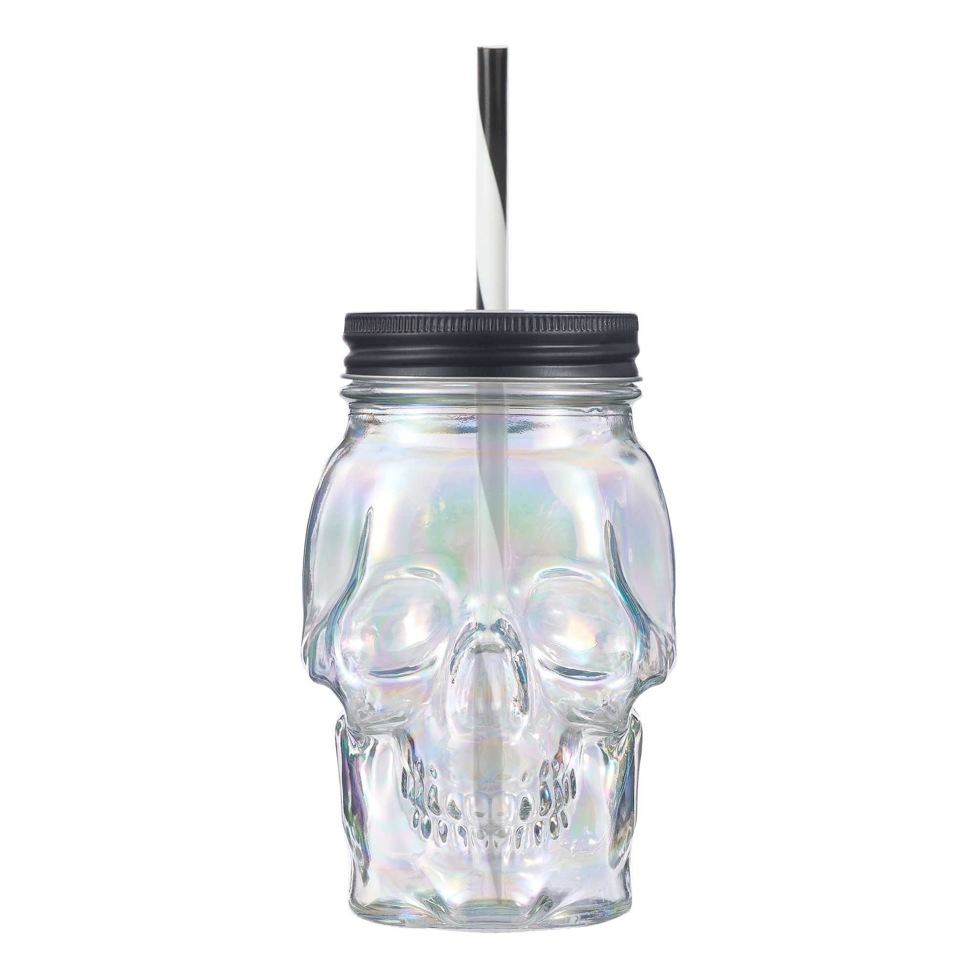 Way To Celebrate Glass Skull Sipper with Lid and Straw for Halloween Party, 18 oz