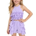 thumbnail image 2 of Amidoa Girls 2 Piece Outfits Summer Clothes Solid Color Cute Tank Top T-Shirt and Shorts Casual Kids Clothing Sets Purple Size 7, 2 of 9