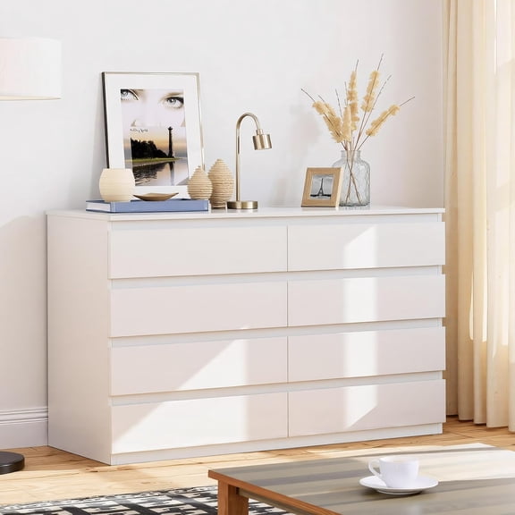8 Drawer Dresser for Bedroom, 55" Wide Wooden Dressers, Modern Chest of Drawers for Clothes Storage, Multi-Functional Storage Organizer, White Dresser for Bedroom, Living Room & Entryway