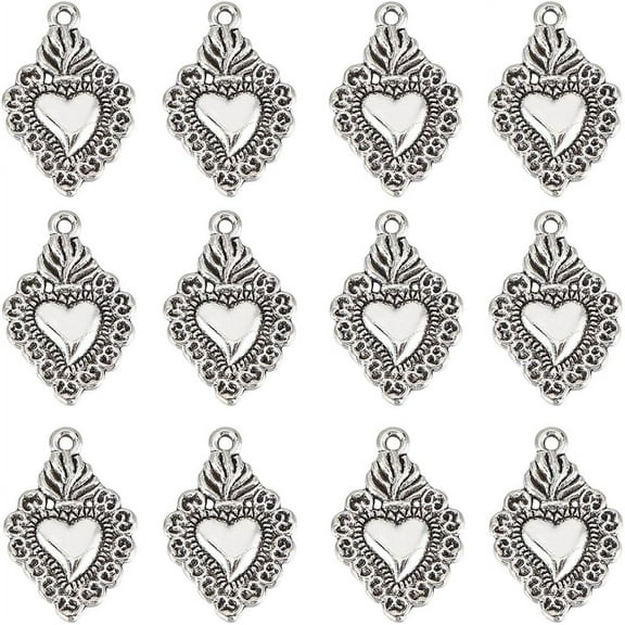 1 BOX 80PCS Sacred Heart Charms Milagros Heart Charms Mexican Cute Alloy Metal Antique Silver Love Charm Bulk for Jewelry Making Charms Christmas Easter Valentine's Day Gift Craft Supplies