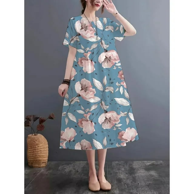 JUNWELL Summer Traditional Pattern Print Casual Round Neck Short Sleeve Dress Imitation Linen Fabric Dress Light Breathable Comfortable