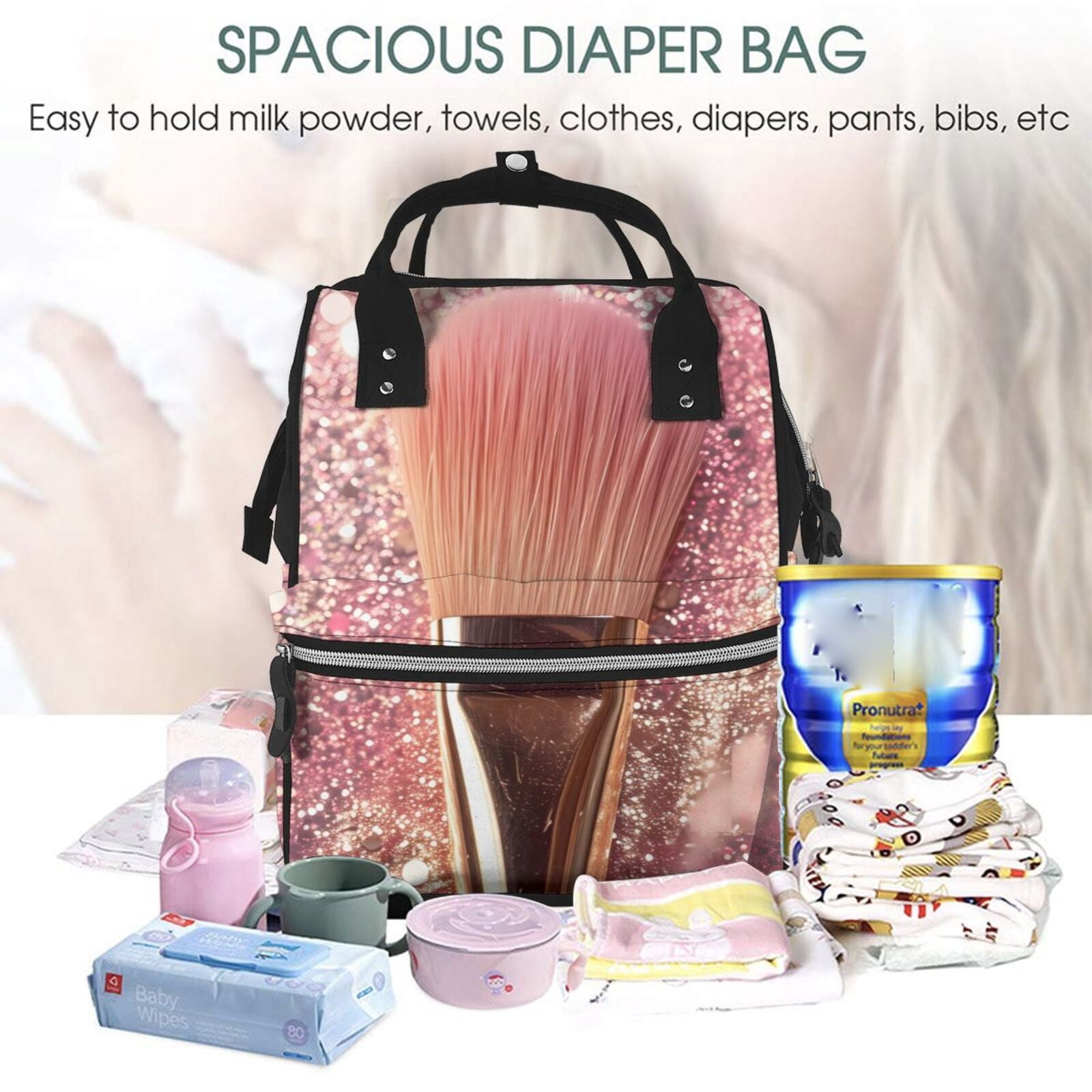 Fuzoiu Makeup Brush on Pink Glitter Print Diaper Bag Backpack,Baby Essentials Travel Tote,Multi function Waterproof Diaper Bag, Travel Essentials Baby Bag - Unisex