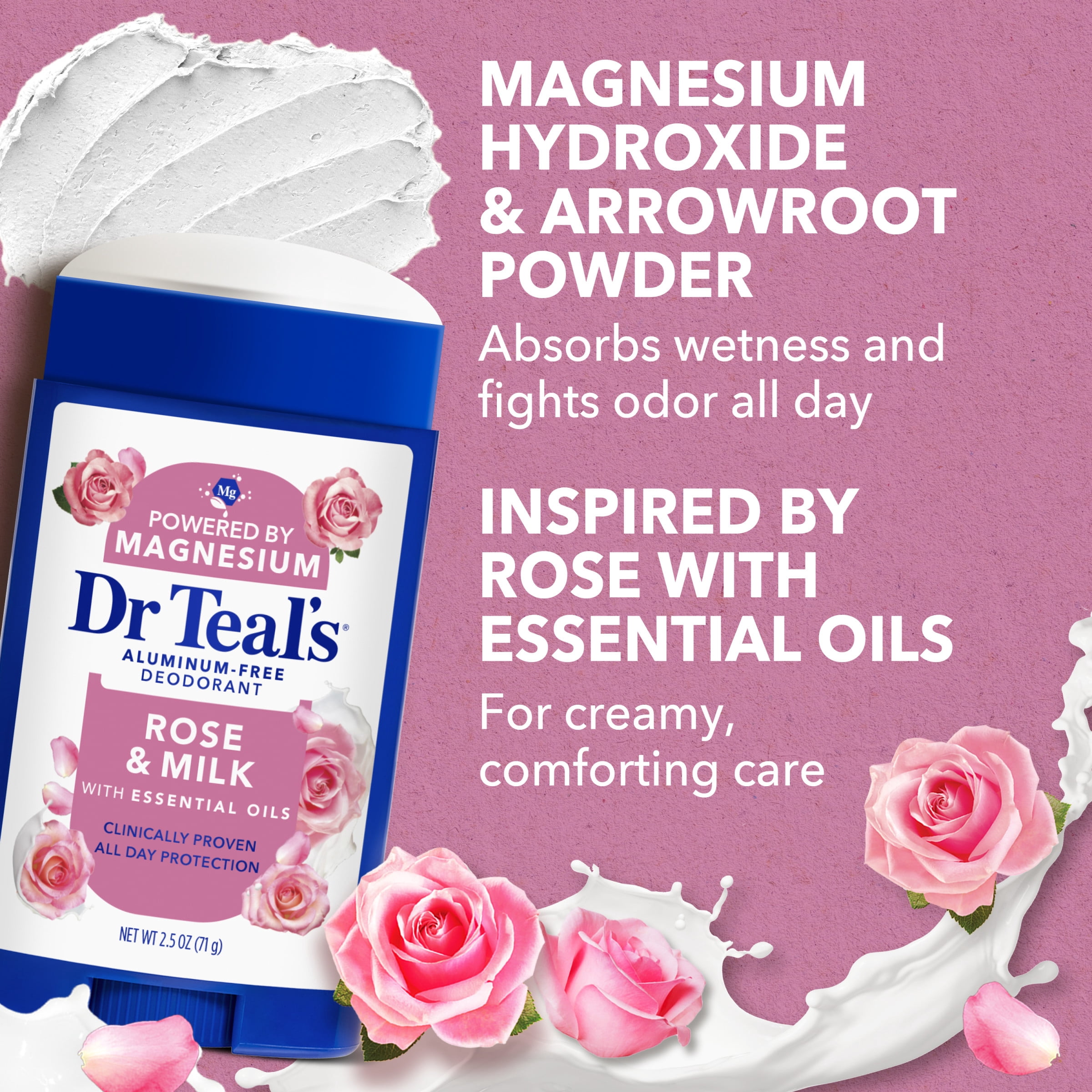 Dr Teal's Aluminum Free Deodorant, Rose & Milk with Essential Oils, 2.5 oz