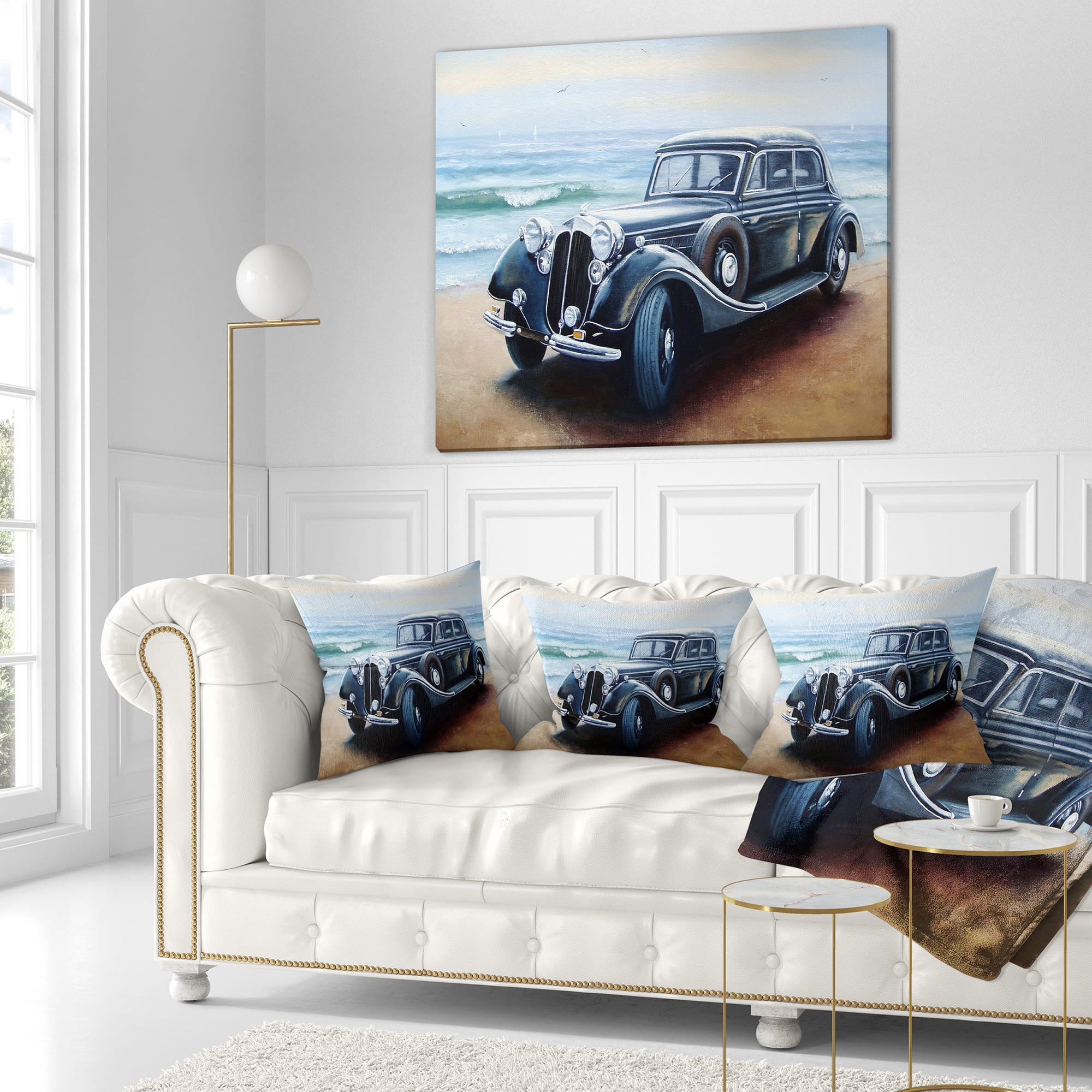 Designart Retro Car on Sea Shore - Car Throw Pillow - 18x18