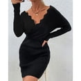 thumbnail image 1 of Vestido de punto Cuello en V Ondulado Manga larga Poliéster Moda Lavable a máquina Ropa de mujer Negro M, 1 of 6