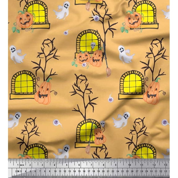 Soimoi Cotton Duck Fabric Haunted House,Pumpkin & Ghost Halloween Printed Craft Fabric by The Yard 42 Inch Wide