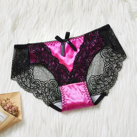BYHONG Lace Underwear for Women Retro Sexy Satin Hollowed Out Transparent Mesh Seamless Waist Pack Triangle Pants Women Underwear Panties for Women Hot Pink L