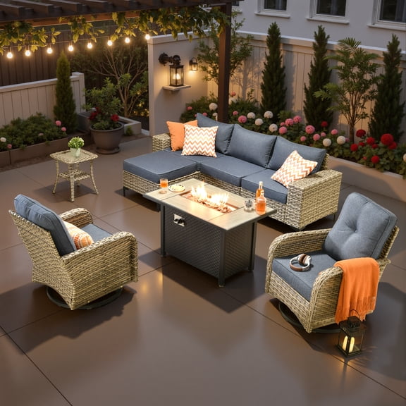 Ovios 9 Pieces Wicker Patio Furniture Sets Outdoor Conversation Sectional Sofa with Swivel Chairs & Fire Pit