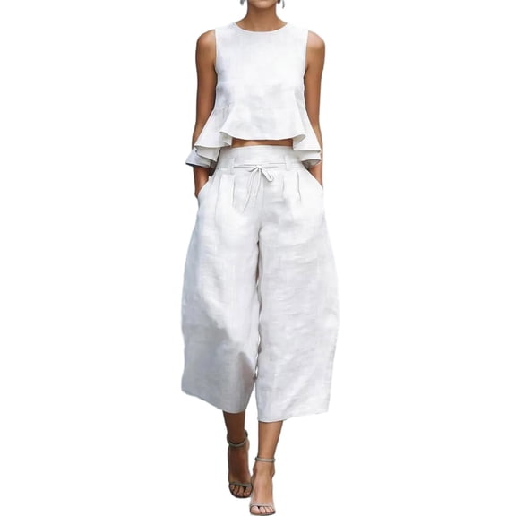 Women's Linen 2 Piece Outfits Dressy Ruffle Hem Tank Top and Wide Leg Capri Pants Summer Business Casual Sets