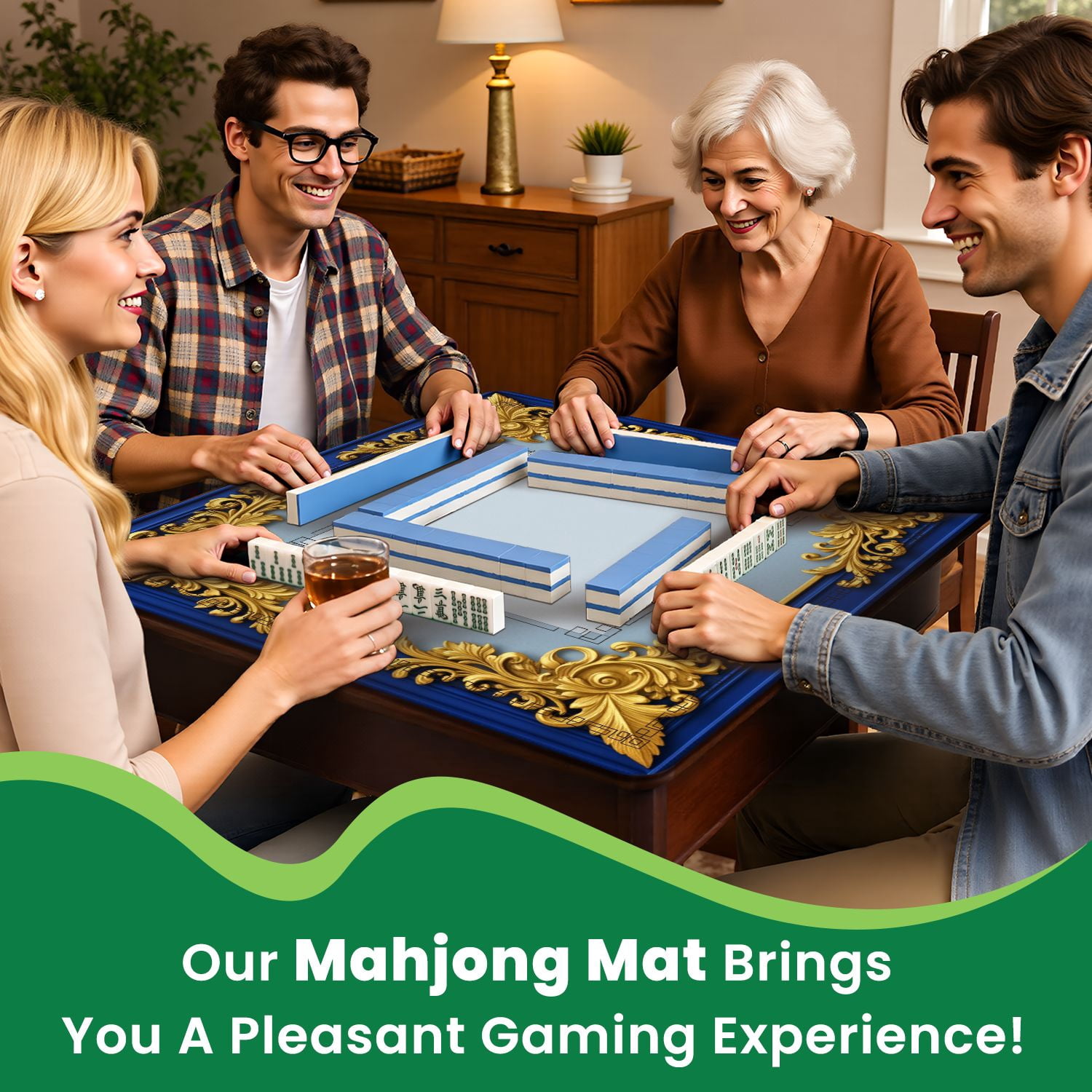 Mahjong Mat 31.5" x 31.5" Ornate Gold Floral Frame Royal Blue Non-Slip Noise Reduction American Mahjong Tiles Table Cover for Dominoes Poker Card Board Games Gift