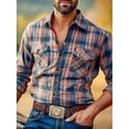 thumbnail image 3 of Men's Shirts Casual Button Down Plaid Shirt Jacket Long Sleeve Western Cowboy Shirt Red L, 3 of 3