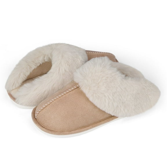 RAINSMORE Women's Slippers Cozy Suede Memory Foam Slippers with Fluffy Plush Lining Collar Warm Indoor Outdoor House Shoes Slippers for Woman Men,Khaki