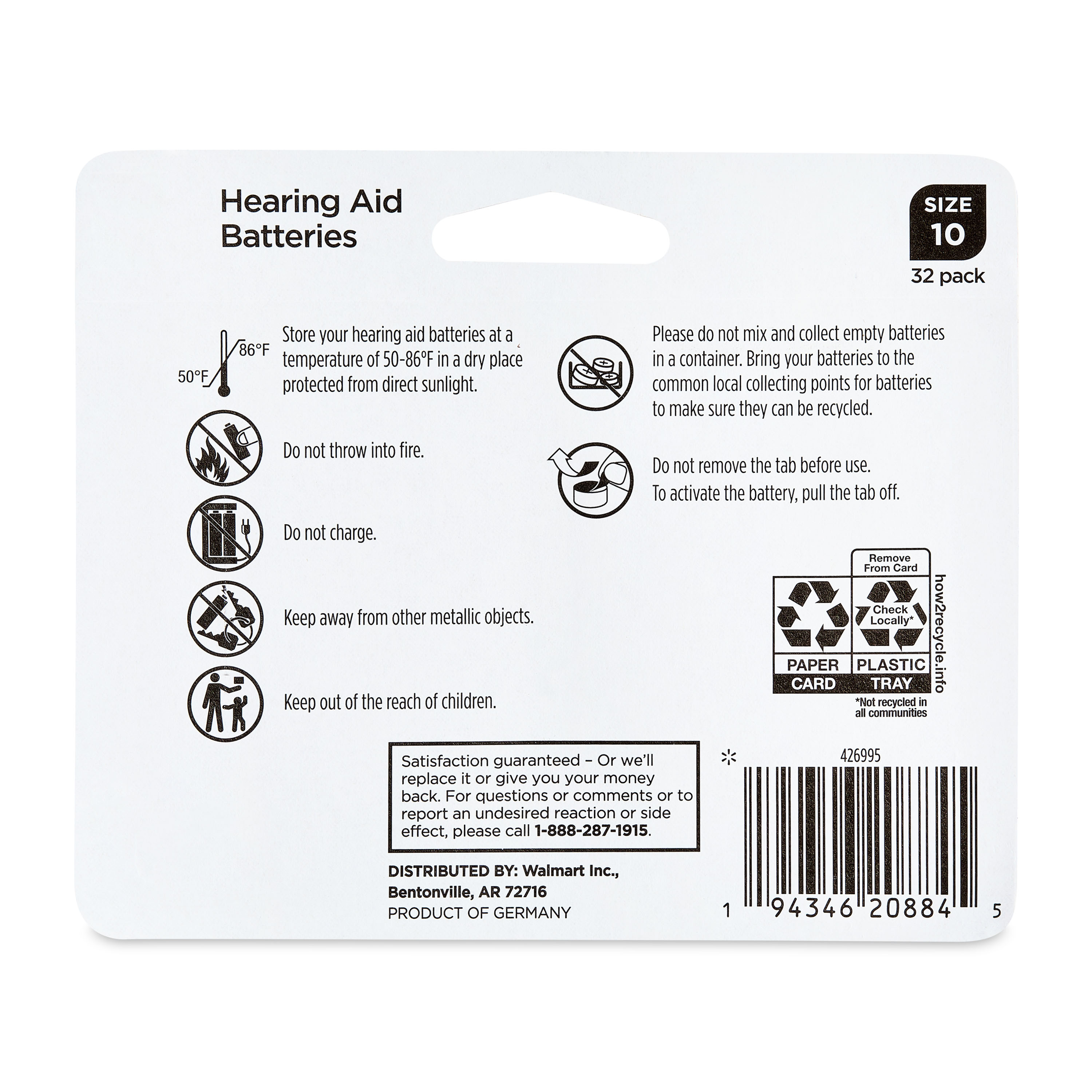 Equate Hearing Aid Batteries, Size 10, 32 Pack