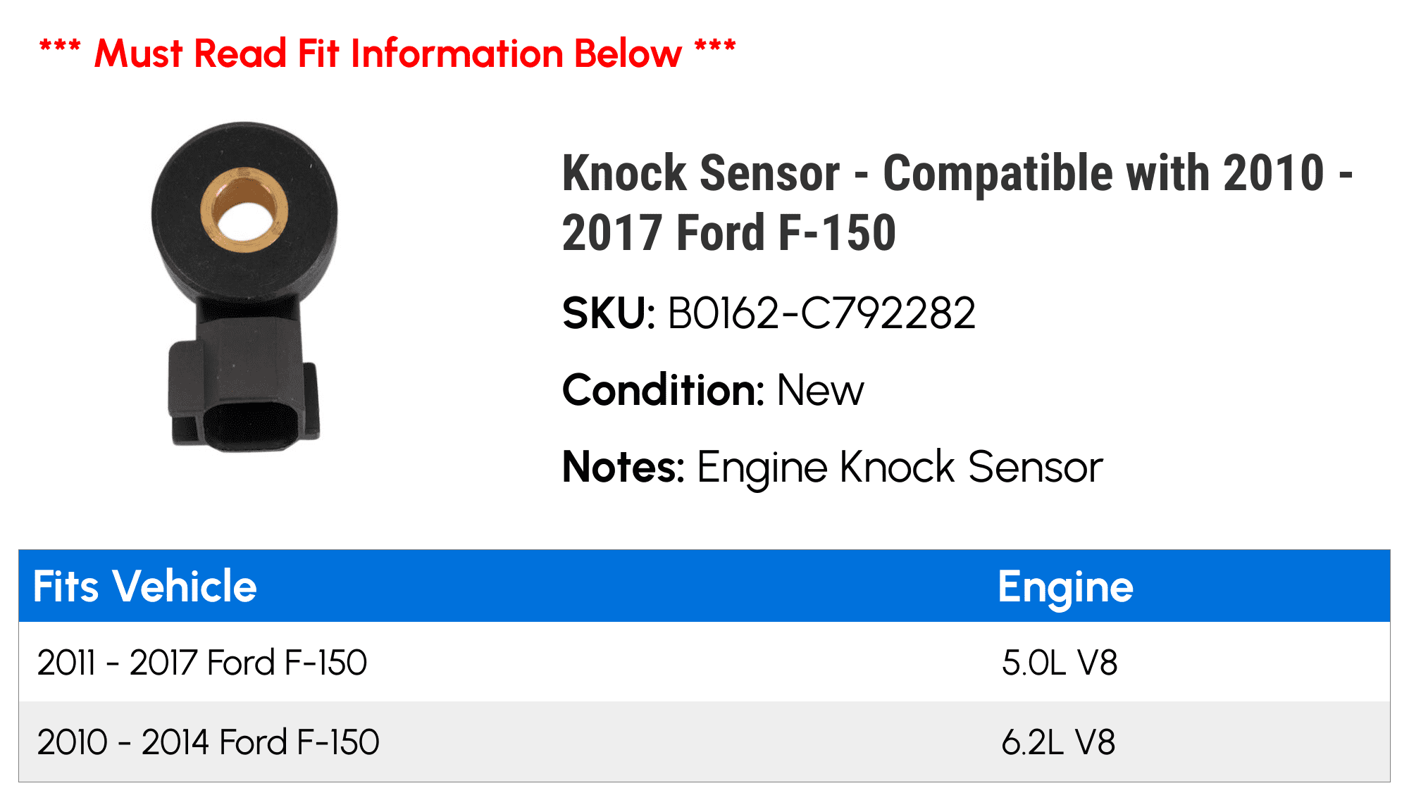 Knock Sensor - Compatible with 2010 - 2017 Ford F-150 2011 2012 2013 2014 2015 2016