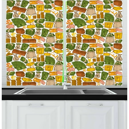 Living In A Dollar Money Curtains 2 Panels Set, Colorful Symbols of Richness Wallet Credit Card Icons of Money Dollar Pound Signs, Window Drapes for Living Room Bedroom, 55W X 39L Inches, Multicolor, by Ambesonne ()