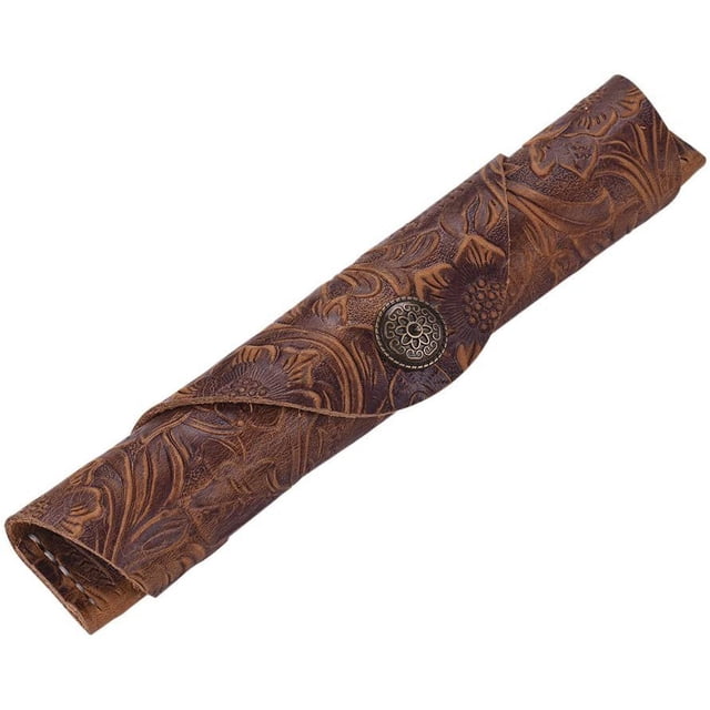 Estuche para bolígrafo individual de cuero hecho a mano vintage Funda para pluma estilográfica de cuero de vaca Estuche para bolígrafo (marrón tallado) Ormromra Plumas Fuente