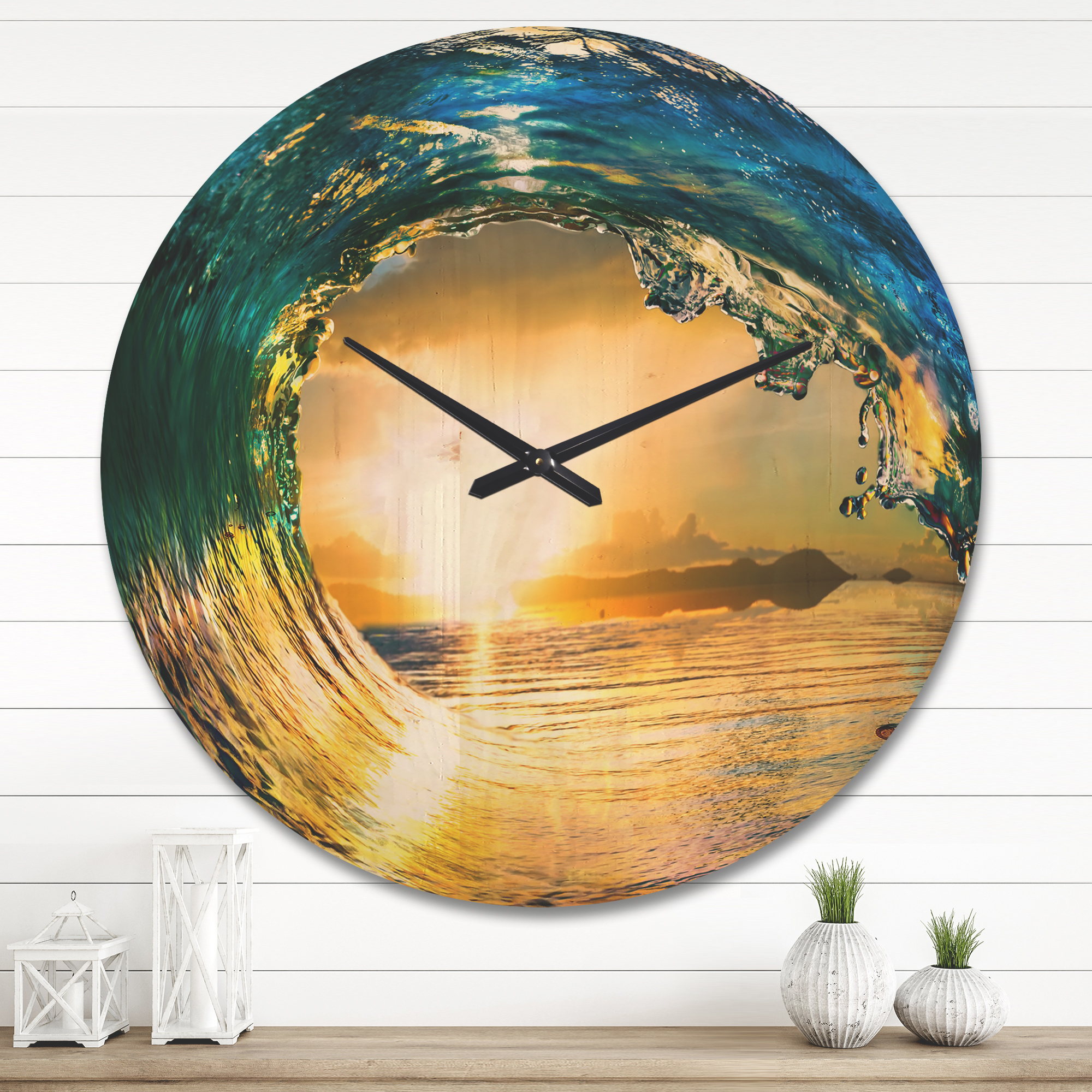 Designart 'Colored Ocean Waves Falling Down At Sunset II' Coastal Wood Wall Clock