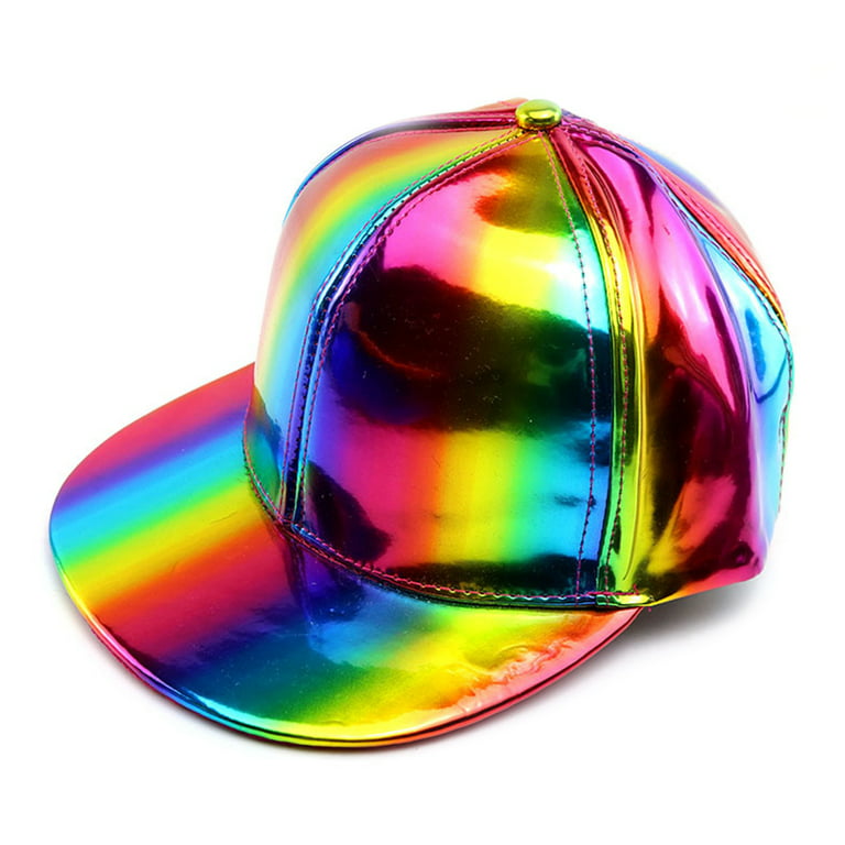 Snapback Visor Hat Reflective Baseball Shiny Men Hop Faux Holographic Hip Metallic OOKWE Flat-Brimmed Rainbow Rave Women Cap Leather