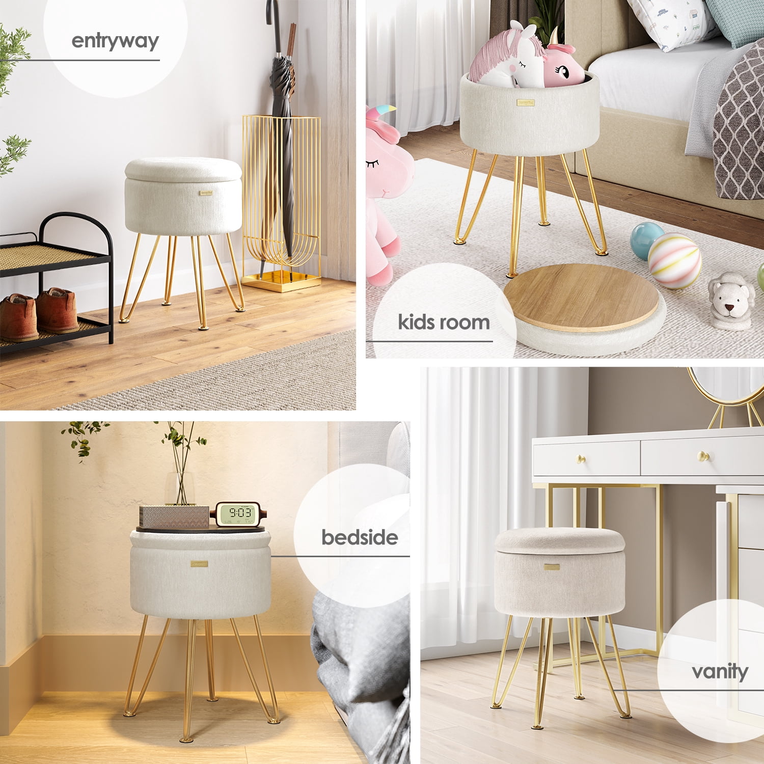 LammaLoe Small Round Ottoman with Storage, Textured Velvet Ottoman Foot Stool with Lid, Upholstered Vanity Stool for Living Room & Bedroom, Cream