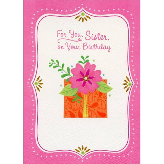 Designer Greetings Large Pink Flower on Present Pink Frame with Dots Birthday Card for Sister