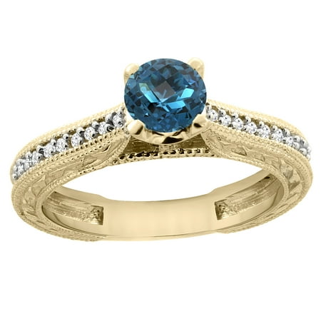 14K Yellow Gold Natural London Blue Topaz Round 5mm Engraved Engagement Ring Diamond Accents, sizes 5 -