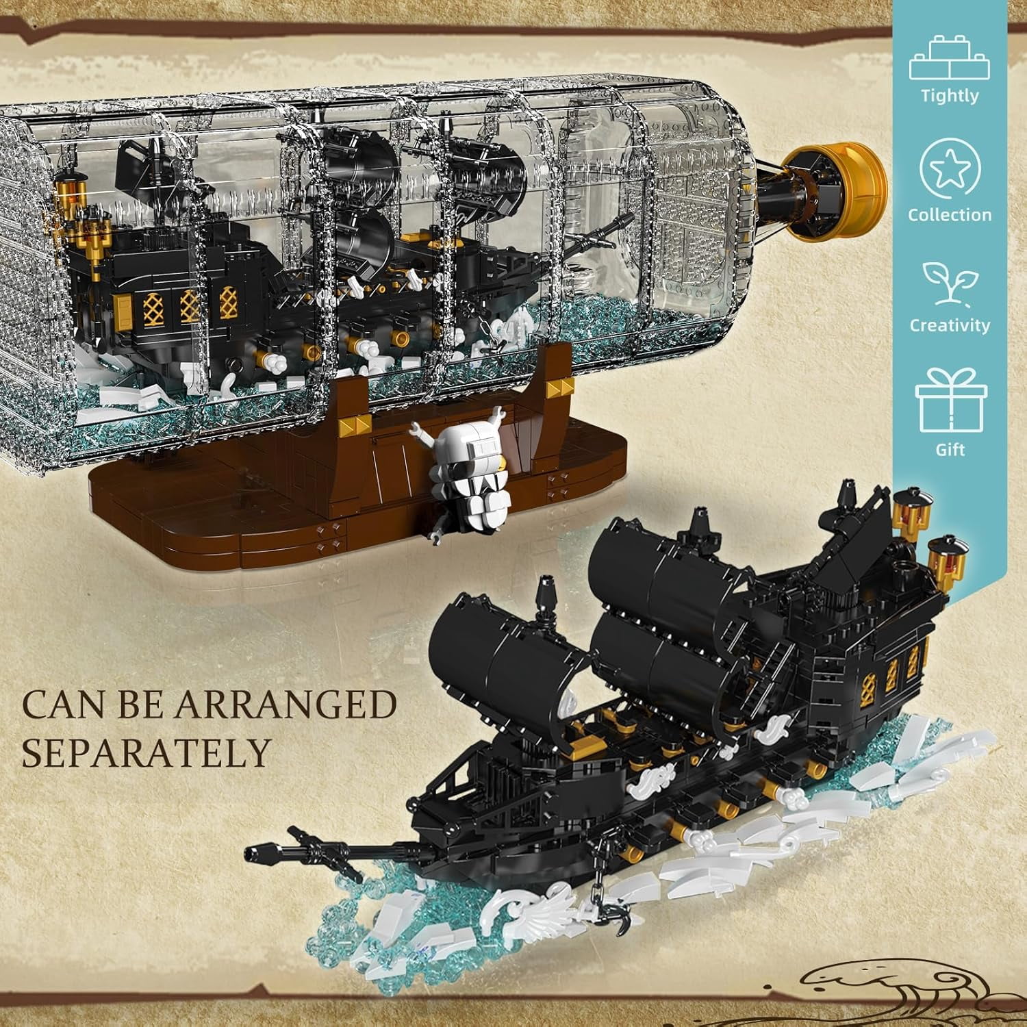 Mould King 10065 Drift Bottle with Black Pearl Ship Building Blocks Set, Pirate Ship in Bottle Model Building Kit with Display Stand,