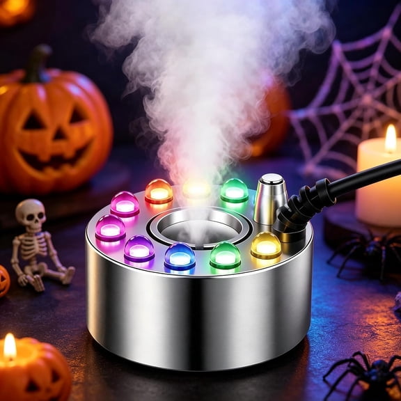 Halloween Mist Maker Fogger with 12 Led Lights, Silver Ultrasonic Fog Machine for Pond Fountain Water Garden, Spooky Atmosphere Maker
